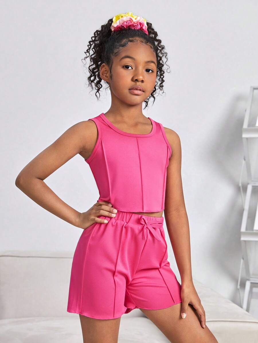 SHEIN Girls Seam Detail Tank Top & Knot Front Shorts - Hot Pink - View 1