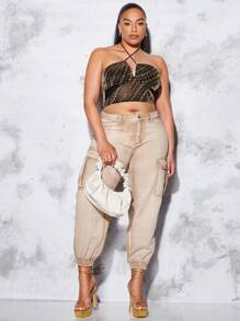 SHEIN BAE Plus Flap Pocket Side Cargo Jeans - Khaki - View 3