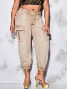 SHEIN BAE Plus Flap Pocket Side Cargo Jeans - Khaki - View 4