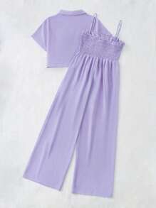 SHEIN 青少年女孩前紐扣襯衫和闊腿吊帶連體褲 - 紫丁香色 - 查看 2