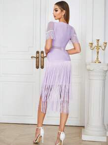 流蘇邊嵌入網紗緊身洋裝 - 紫丁香色 - 查看 2