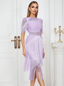 流蘇邊嵌入網紗緊身洋裝 - 紫丁香色 - 查看 5