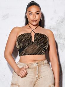 SHEIN BAE Plus Allover Print Tie Backless Halter Top - Chocolate Brown - View 1