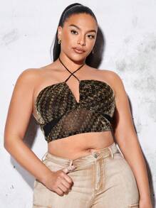 SHEIN BAE Plus Allover Print Tie Backless Halter Top - Chocolate Brown - View 4