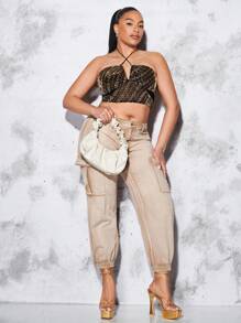 SHEIN BAE Plus Allover Print Tie Backless Halter Top - Chocolate Brown - View 6