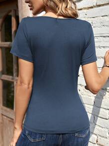 SHEIN LUNE 紐扣細節褶邊T恤 - 藏蓝色 - 查看 2