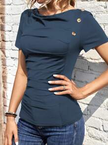 SHEIN LUNE 紐扣細節褶邊T恤 - 藏蓝色 - 查看 6