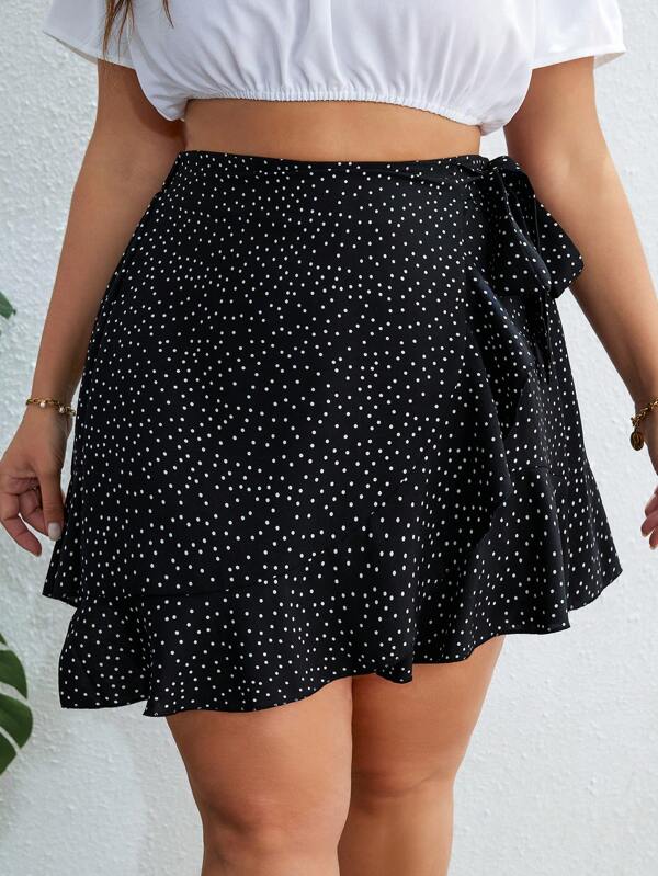 SHEIN CURVE+ Plus Size High Waisted Polka Dot Printed Wrapped Skirt With Side Tie And Ruffled Hem