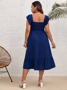 SHEIN VCAY Đầm Plus Size Xù Viên lá sen Dải chun màu trơn Giải trí - Màu xanh hải quân - Xem 2