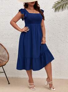 SHEIN VCAY Đầm Plus Size Xù Viên lá sen Dải chun màu trơn Giải trí - Màu xanh hải quân - Xem 3