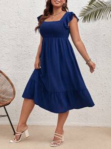 SHEIN VCAY Đầm Plus Size Xù Viên lá sen Dải chun màu trơn Giải trí - Màu xanh hải quân - Xem 5
