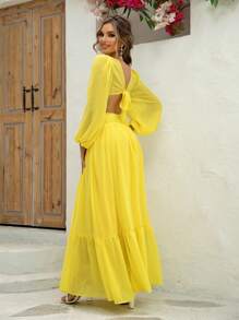 Joyfunear 深V領燈籠袖O形環細節高衩連衣裙