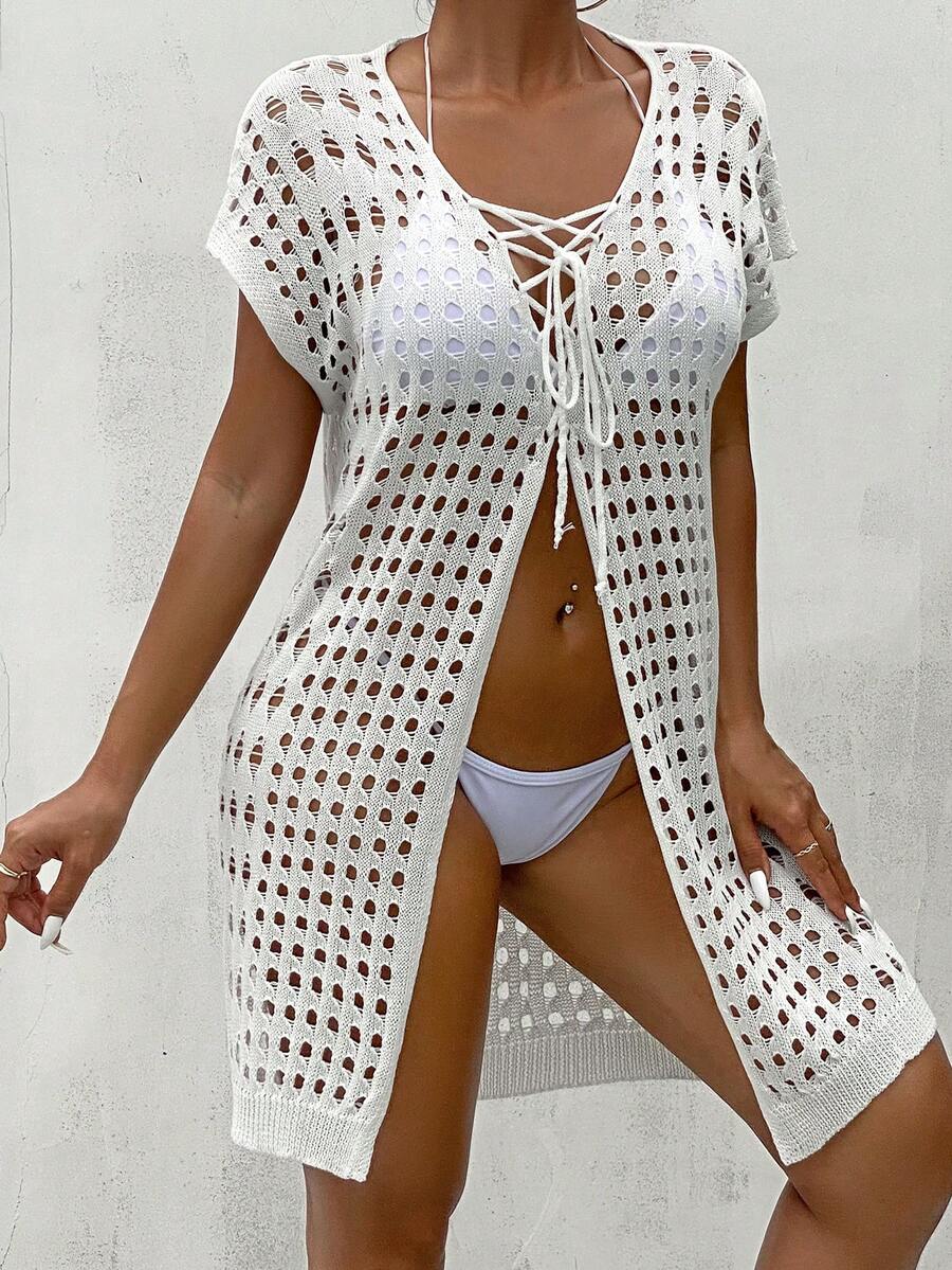 鏤空前繫帶和服罩衫 - 白色 - 查看 1