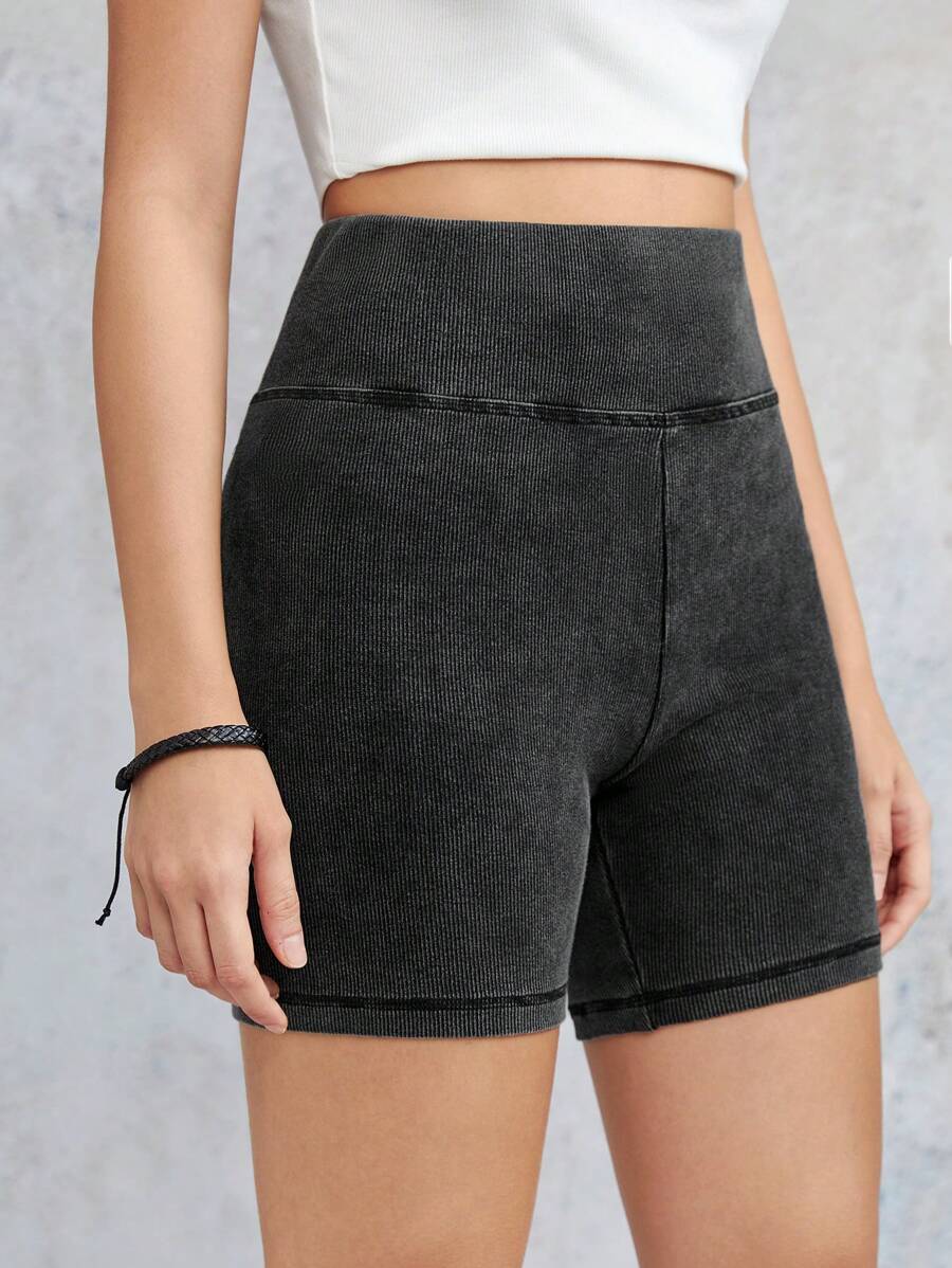 SHEIN EZwear 寬腰帶素色騎行褲 - 深灰色 - 查看 1