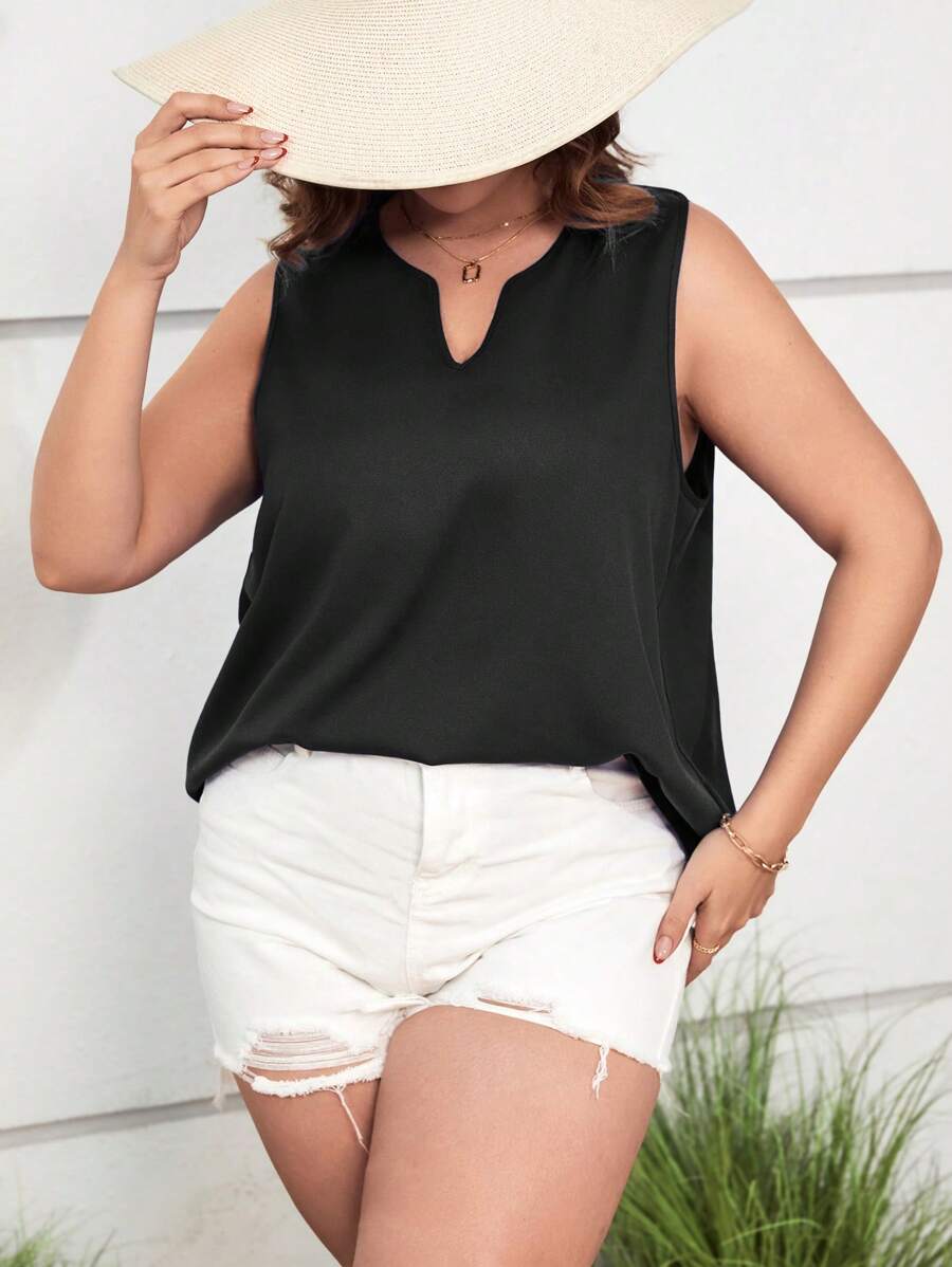 SHEIN LUNE Plus Notched Neckline Sleeveless Blouse - Black - View 1