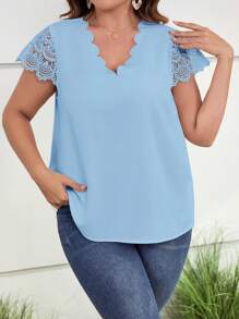 SHEIN Clasi 大碼貝殼邊水溶蕾絲拼接襯衫 - 淺藍色 - 查看 5