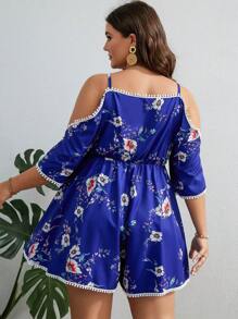 SHEIN VCAY 大碼印花挖肩鏤空蕾絲花邊連身短褲 - 寶藍色 - 查看 2