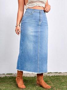 SHEIN ICON 大碼高腰後背開衩毛邊牛仔半身裙 - 淺色水洗藍 - 查看 4