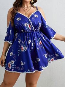 SHEIN VCAY 大碼印花挖肩鏤空蕾絲花邊連身短褲 - 寶藍色 - 查看 6