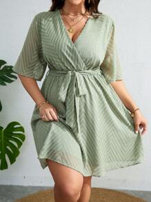 SHEIN VCAY Plus Chevron Jacquard Belted Dress - Mint Green - View 1