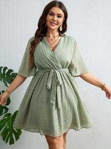 SHEIN VCAY Plus Chevron Jacquard Belted Dress - Mint Green - View 3
