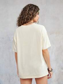 SHEIN EZwear 標語人像圖案落肩T恤 - 米色 - 查看 3