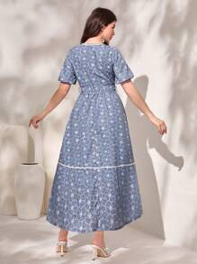 Mulvari Đầm Thắt lưng Nút phía trước Hoa Họa tiết hoa Boho - Màu xanh lam - Xem 2