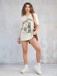 SHEIN EZwear 標語人像圖案落肩T恤 - 米色 - 查看 5