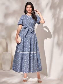 Mulvari Đầm Thắt lưng Nút phía trước Hoa Họa tiết hoa Boho - Màu xanh lam - Xem 3