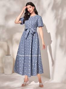 Mulvari Đầm Thắt lưng Nút phía trước Hoa Họa tiết hoa Boho - Màu xanh lam - Xem 4