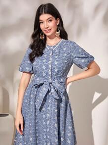 Mulvari Đầm Thắt lưng Nút phía trước Hoa Họa tiết hoa Boho - Màu xanh lam - Xem 5