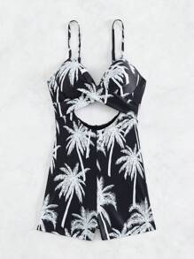 Swim Lushoire 夏季海滩棕榈树印花扭纹前开襟聚拢连体泳衣 - 黑與白 - 查看 6