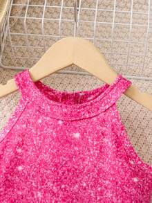 SHEIN Cô Gái Trẻ Màu hồng Ngôi sao Sky In Giải trí Đơn giản Đúng mốt Áo liền quần Dây thắt cổ Cho mùa hè - Màu Hồng Tươi - Xem 3