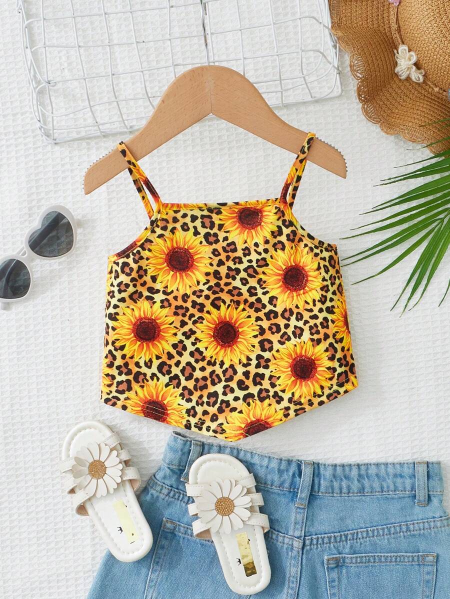 SHEIN Áo ba lỗ & áo hai dây cho bé gái mới biết đi Bất đối xứng Hoa In hoa Báo Boho - Nhiều màu - Xem 1