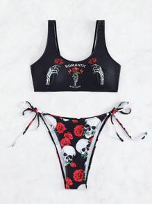 骷髏和花卉印花側繫帶比基尼泳裝