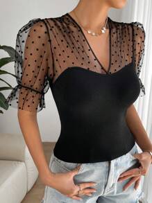 SHEIN Privé Top de punto con malla jacquard en contraste de manga con volante - Negro - Ver 1