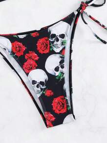 骷髏和花卉印花側繫帶比基尼泳裝