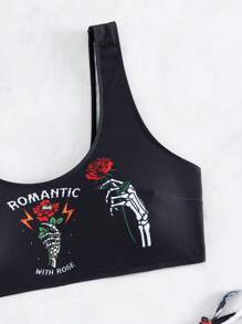 骷髏和花卉印花側繫帶比基尼泳裝