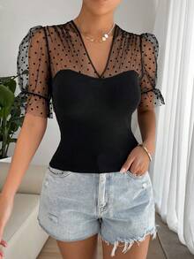 SHEIN Privé Top de punto con malla jacquard en contraste de manga con volante - Negro - Ver 5