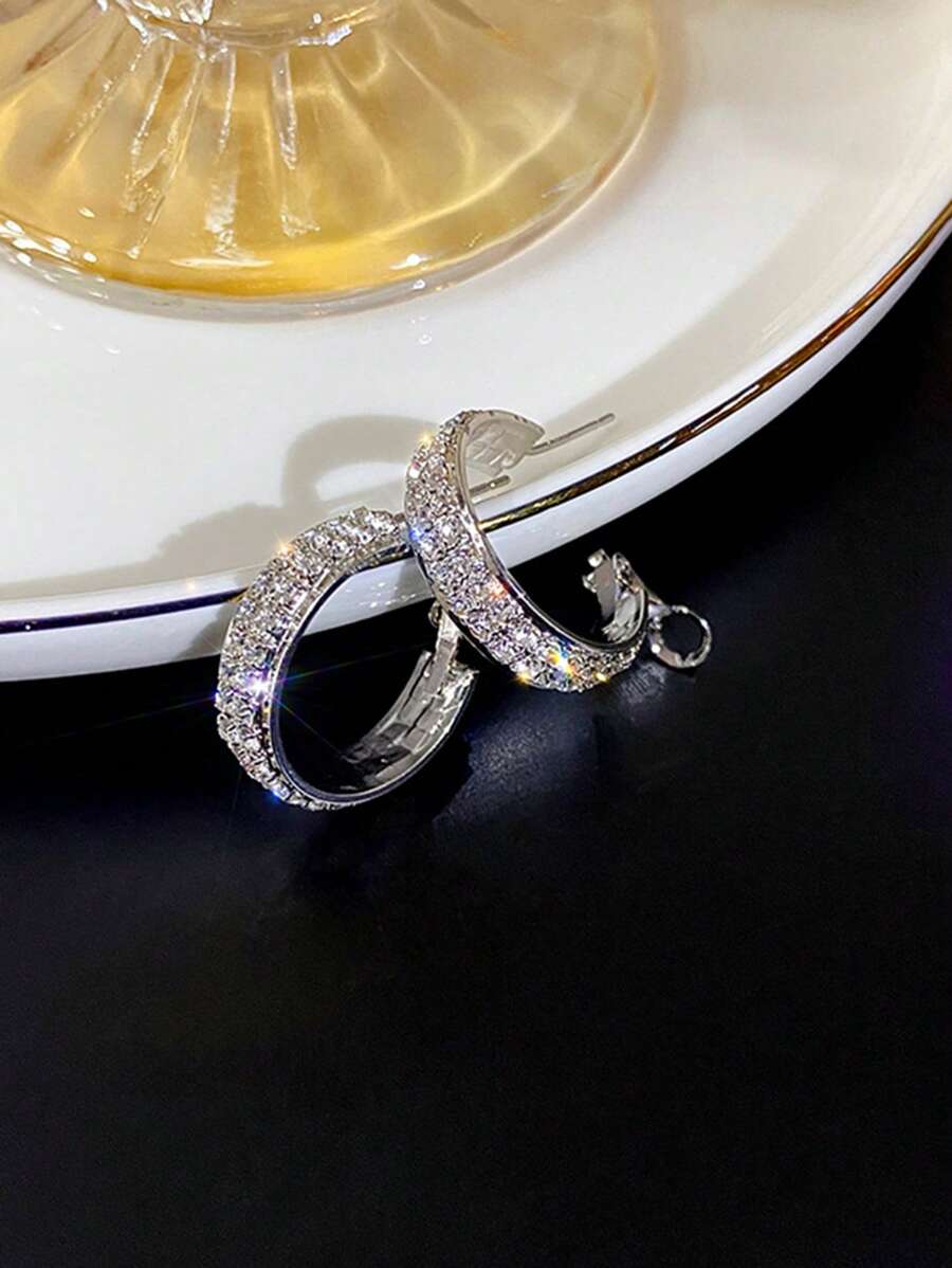 1 Pair Micropave Crystal Embellished Hoop Earrings, Elegant & Versatile Design For Women