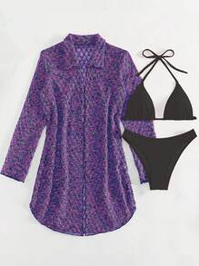 掛脖三角杯比基尼泳裝附和服 - 彩色 - 查看 5