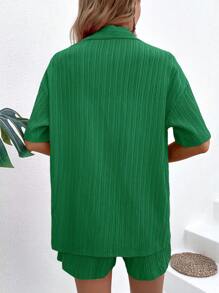 SHEIN VCAY 素色落肩袖口袋貼布襯衫和短褲 - 綠色 - 查看 2
