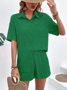 SHEIN VCAY 素色落肩袖口袋貼布襯衫和短褲 - 綠色 - 查看 5