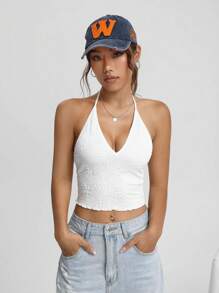 SHEIN EZwear Solid Crop Halter Top - White - View 3