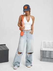 SHEIN EZwear Solid Crop Halter Top - White - View 4