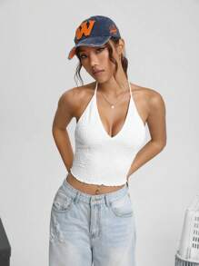SHEIN EZwear Solid Crop Halter Top - White - View 5
