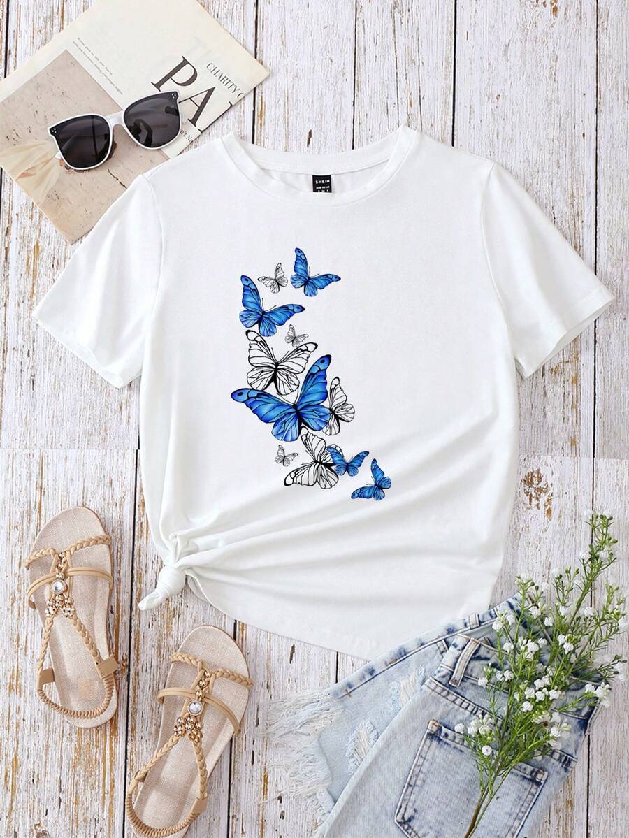 SHEIN LUNE Round Neck Butterfly Print Tee - White - View 1