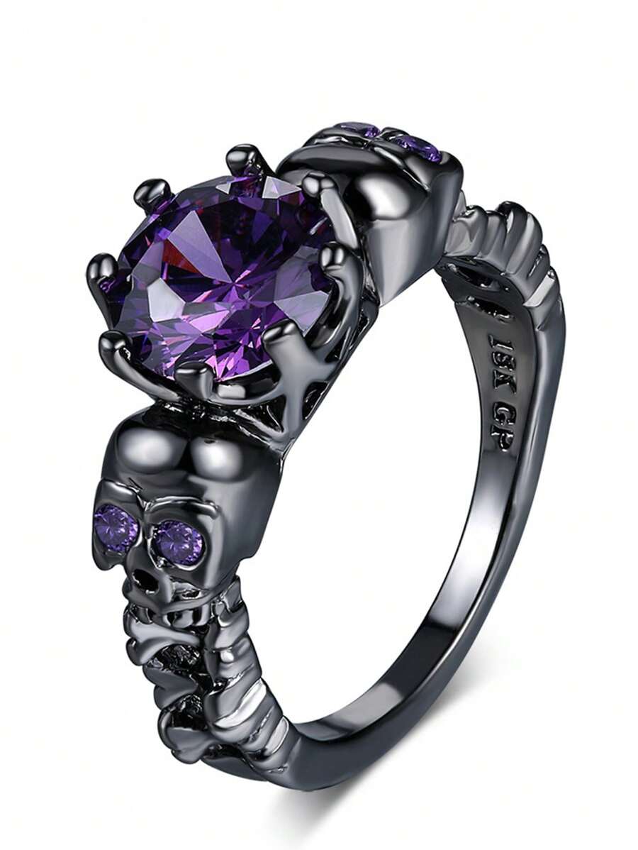 1入組時尚骷髏和方晶鋯石裝飾戒指適合女士日常裝飾 - 彩色 - 查看 1