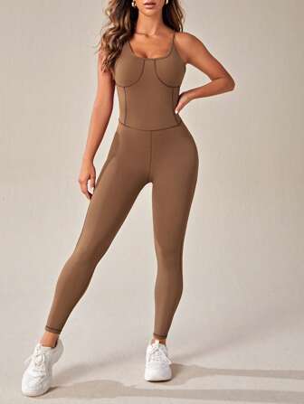 VARSITIE 素色運動吊帶彈力緊身連體褲