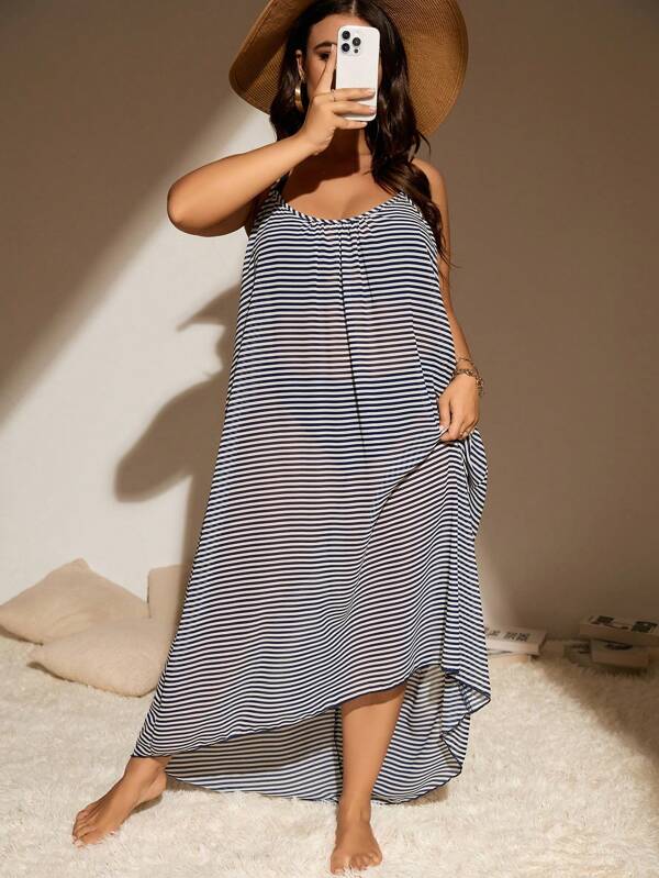 Swim Vcay Vestido camisero de talla grande con estampado de rayas, para verano